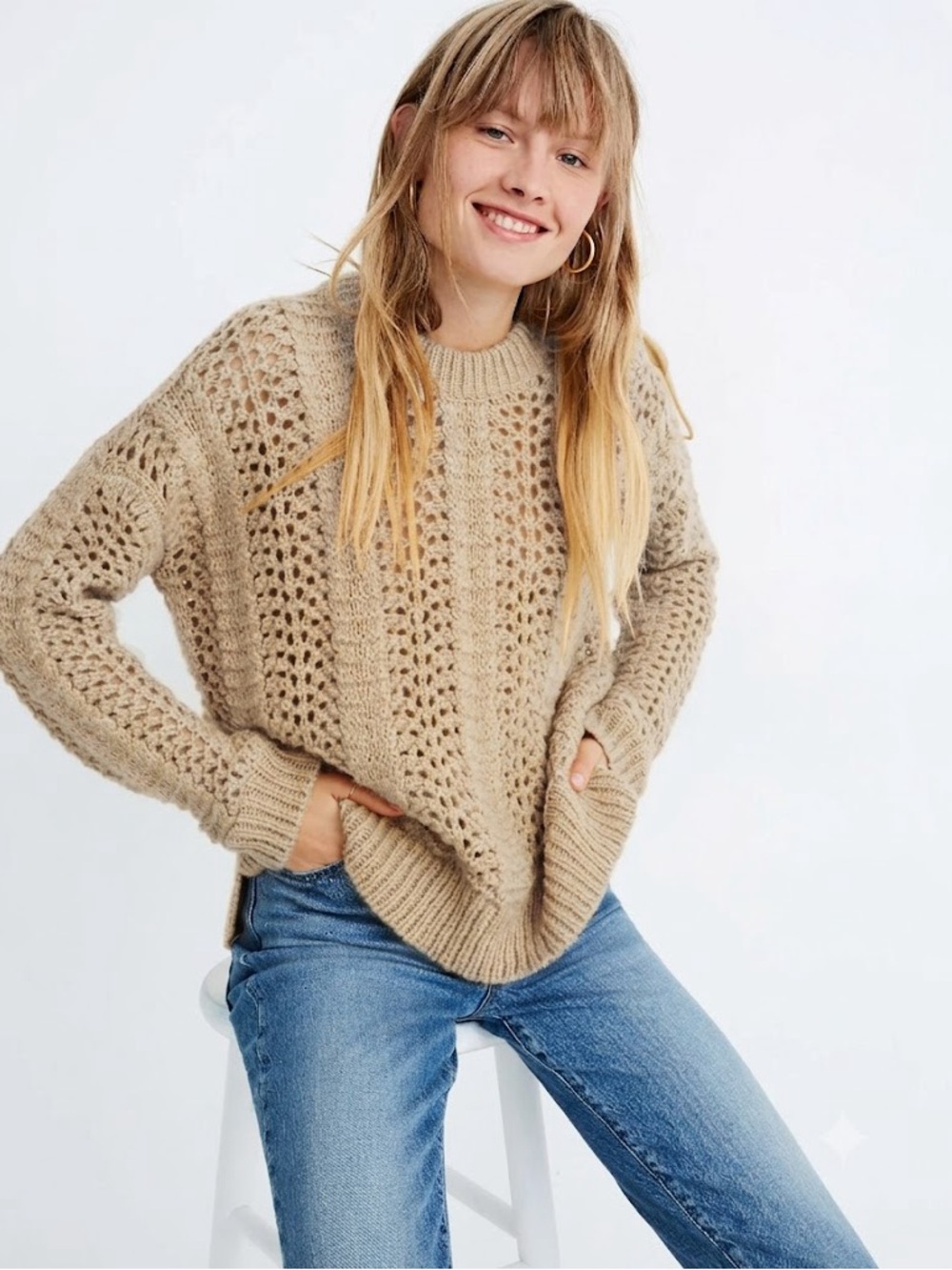 Madewell Windermere Pointelle Pullover Sweater- Bisque